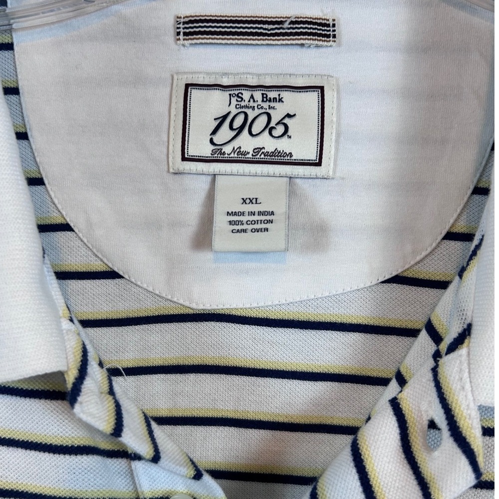 Jos A Bank 1905 Mens XXL Polo Shirt White Striped Cotton Pique Short Sleeve Golf